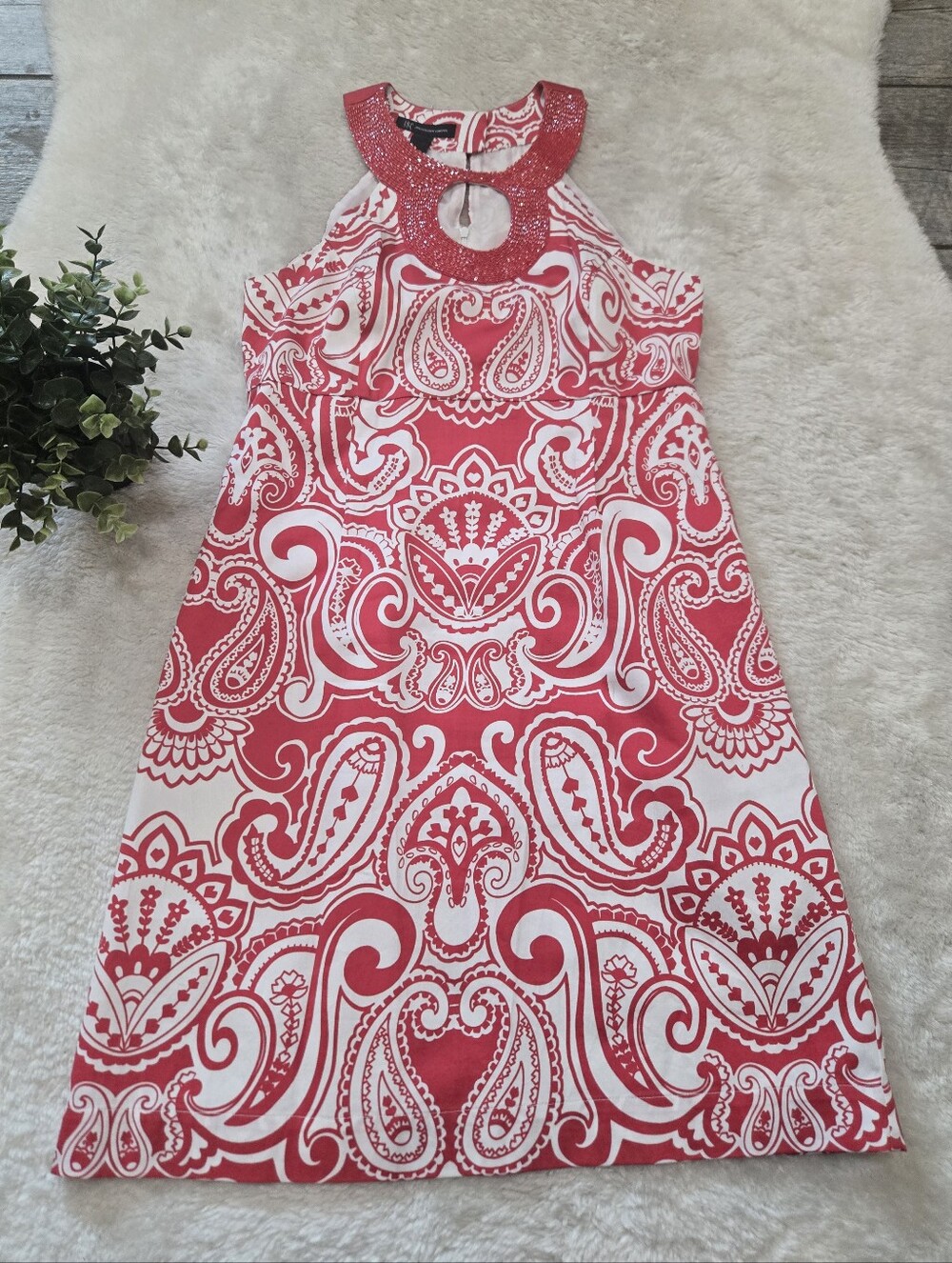 INC International Concepts Pink Paisley Beaded Halter Summer Sheath Dress, 10